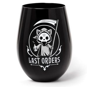 Alchemy Gothic Last Orders Skeleton Kitty Cat Black Glass Stemless Wineglass NIB